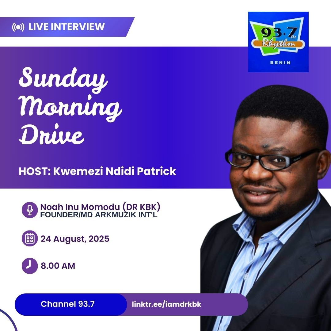 Noah Inu Momodu (Dr kbk) (@iamdrkbk) on Twitter photo Join me on Sunday morning Drive with @iamndidi on Rhythm FM Benin at 8AM.
Get ready to accelerate your talent.
#radiointerview #rhythmfm #talentacceleration #Drkbk #drkbkspeaks Join me on Sunday morning Drive with @iamndidi on Rhythm FM Benin at 8AM.
Get ready to accelerate your talent.
#radiointerview #rhythmfm #talentacceleration #Drkbk #drkbkspeaks