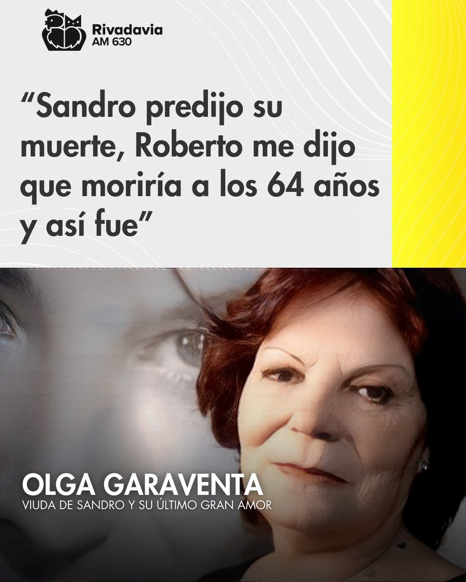 Radio Rivadavia (@rivadavia630) on Twitter photo 📌 Olga Garaventa, íntima: “Sandro predijo su muerte, Roberto me dijo que moriría a los 64 años y así fue”
👉 Olga Garaventa, la viuda de Sandro y su último gran amor, abrió su corazón en Íntimamente con <a href="/ALERUBIO_/">Alejandra Rubio</a> y contó la deslumbrante historia de amor con el ídolo, de quien 📌 Olga Garaventa, íntima: “Sandro predijo su muerte, Roberto me dijo que moriría a los 64 años y así fue”
👉 Olga Garaventa, la viuda de Sandro y su último gran amor, abrió su corazón en Íntimamente con <a href="/ALERUBIO_/">Alejandra Rubio</a> y contó la deslumbrante historia de amor con el ídolo, de quien