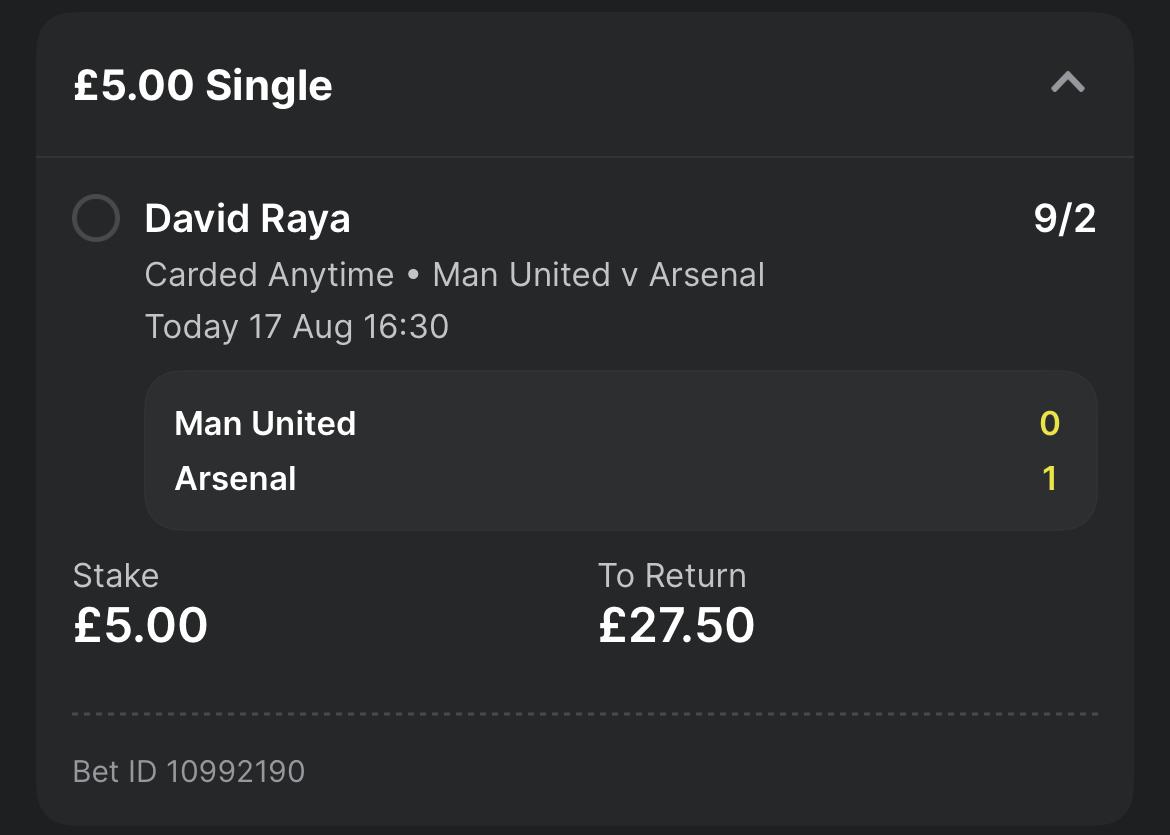 OnlyFootyBets's tweet photo. Community Bet Winner! 🔒✅️
#PremierLeague #GameWeek1 #ManUnited #Arsenal #DavidRaya https://t.co/QZuc78kYEt