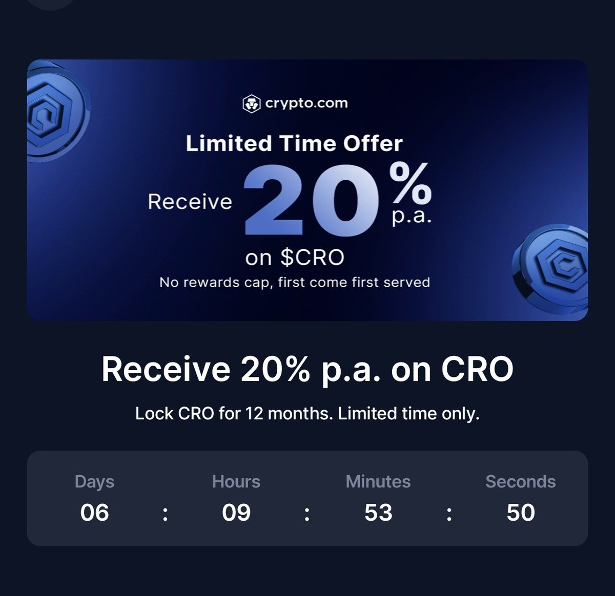 The big 20% has returned!

Stake $CRO on <a href="/cryptocom/">Crypto.com</a> app!