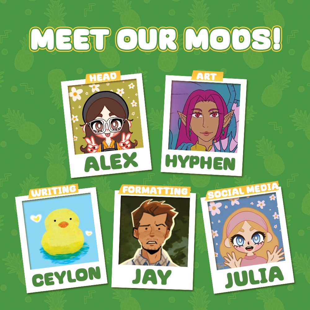 💚Group Mod Intro💚

Welcome to the Pyschic Detectives of the Santa Barbara Police!

<a href="/Vanya_Instance/">Alex</a> (twitter)  - Head Mod
<a href="/hyphen1582mx/">Hyphen ✨ Comms Open</a> (twitter) - Art Mod
<a href="/quackquackcey/">ceylon 🐥 quackquack</a> (twitter) - Writing Formatting
<a href="/starspaces/">starspaces</a> - Formatting
@magicalrowana - Social Media