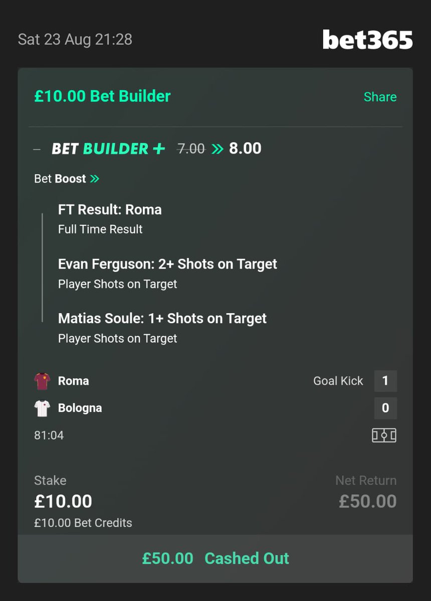 OnlyFootyBets's tweet photo. Bet Boost Winner! ✅️
#SerieA #GameWeek1 #Roma #Bologna https://t.co/8zK8gfMduZ