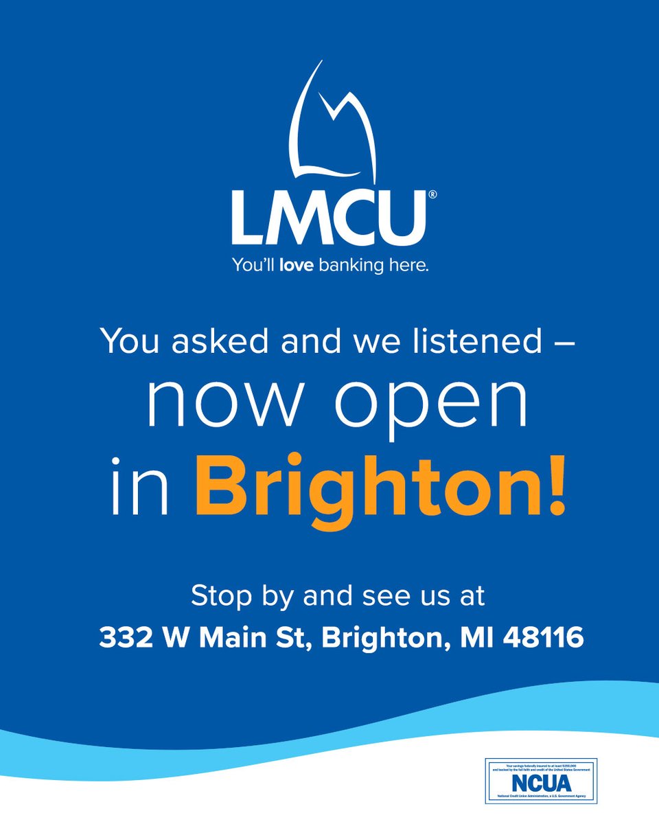 You asked, and we listened: our newest LMCU branch is now open in Brighton! It’s truly a joy to keep growing and serving more communities in Southeast Michigan. Swing by and see us at 332 W Main St, Brighton, MI 48116, or learn more at bit.ly/3JsBV4l.