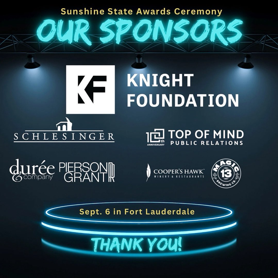 🌟 Thanks to our sponsors for making the 2025 Sunshine State Awards possible! 🌟

📅 Sept. 6 · NSU Fort Lauderdale
🎟️ Tickets: tickettailor.com/events/spjflor…

<a href="/knightfdn/">Knight Foundation</a> <a href="/topofmindpr/">Top of Mind PR</a> <a href="/PiersonGrantPR/">Pierson Grant Public Relations</a> @DureeCoPR <a href="/CHWinery/">Cooper's Hawk</a> + Schlesinger Law Offices &amp; Magic 13 Brewing

#SunshineStateAwards