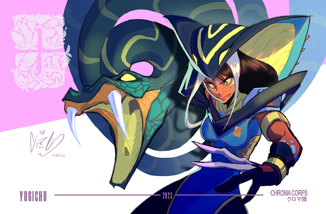 My snake-armed cadet entry from 2023's Chroma Corps. These always take me out of my art block.

#oc #characterdesign #AnimeArt #conceptart #illustration #snake #DigitalArtist