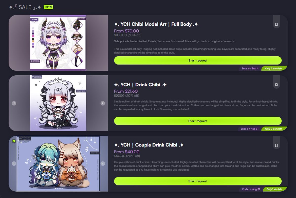 Discounted chibi model comms added with limited slots! I also have a sale on 2 other services for the rest of the month 🩷 

#VGenComm