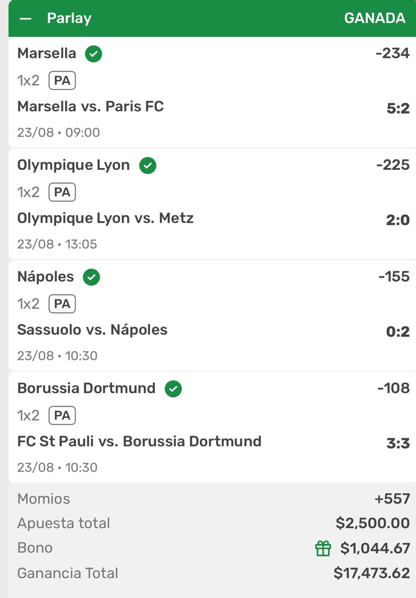 $2000 entre los RT Y ❤️ , OTRO MÁS 

PARLAY +557⚽️✅✅ , entre ayer y hoy ganamos más de $32,000 en el grupo PREMIUM , estamoooos en OTRO MALDITO NIVEL 💣💣💥🖋️🖋️

Estamos cobrando absolutamente TODO , SEPTIEMBRE y el inicio de la NFL va a ser espectacular 

EL KOALACOHETE 🚀🐨