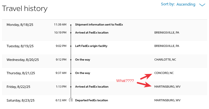 esmcsqr's tweet photo. . @FedExHelp @FedEx Given the delivery address is in NC, not really sure what you are doing here?  Are you charging by the mile??  Second time in a month this has happened. https://t.co/KfPD0HHSsr