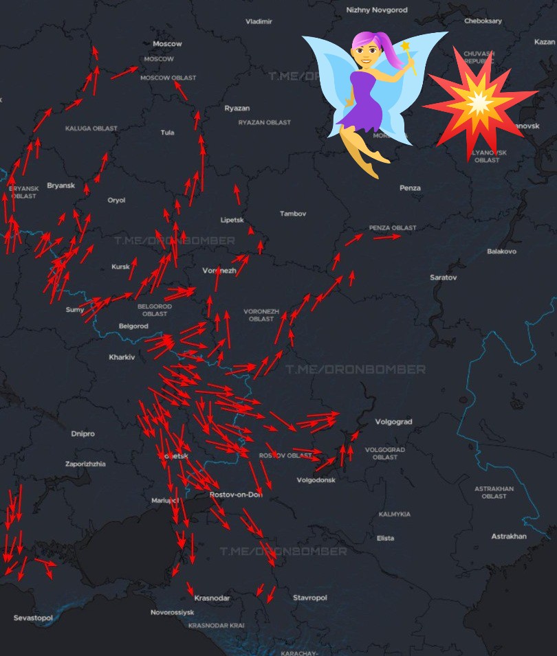 LX (@lxsummer1) on Twitter photo 🇺🇦23:10 | 23/08
Holla the forest fairy 🛸🧚♂️💥
Wait and drink ☕
Approximate flight routes of UAVs
Map: <a href="/DrnBmbr/">DroneBomber</a> 🇺🇦23:10 | 23/08
Holla the forest fairy 🛸🧚♂️💥
Wait and drink ☕
Approximate flight routes of UAVs
Map: <a href="/DrnBmbr/">DroneBomber</a>