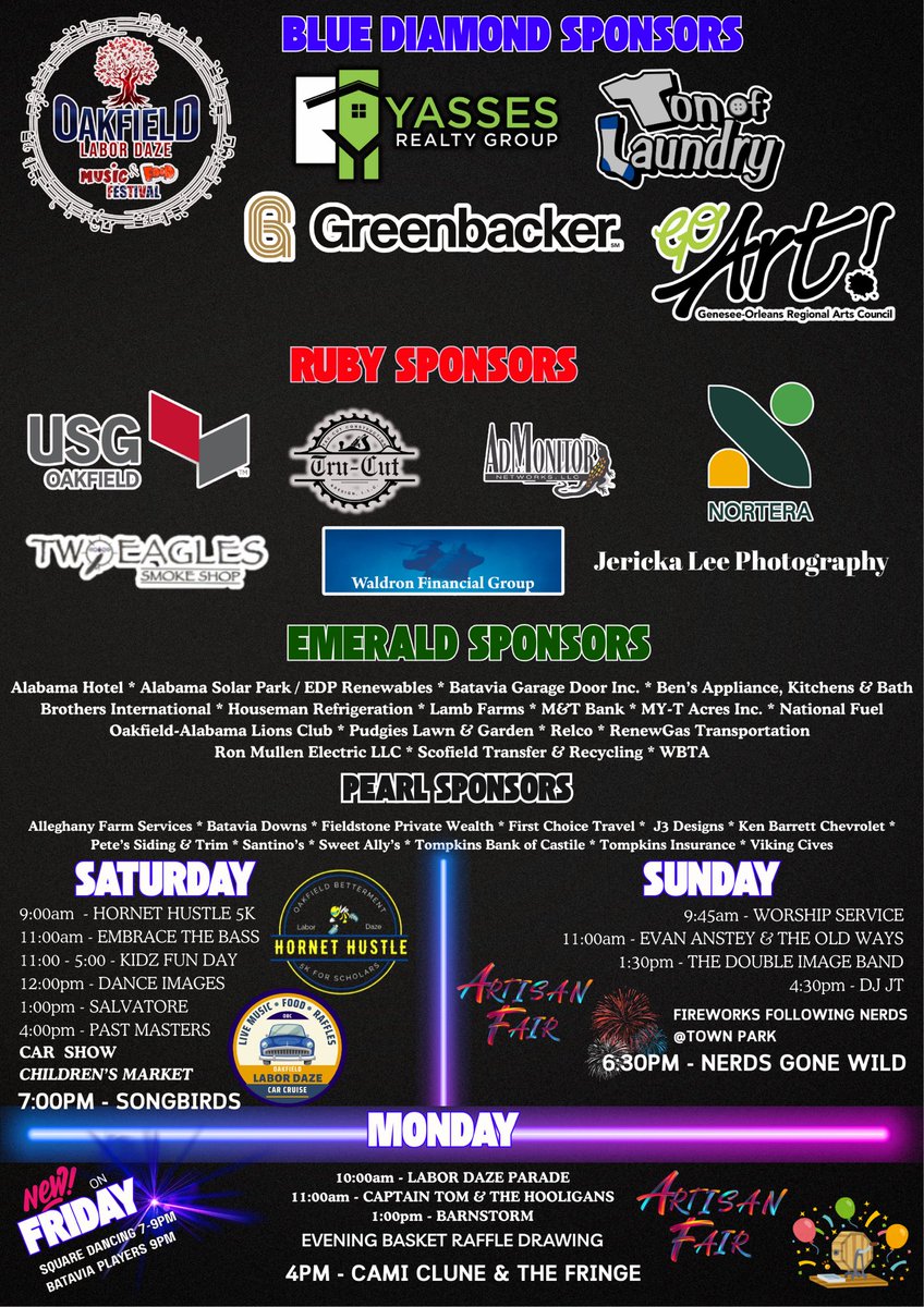 OABetterment's tweet photo. Next weekend is Labor Daze! We have great music, food, and more. #LaborDaze #OakfieldNY #smalltownsbigdreams https://t.co/GJhJXZZxSU