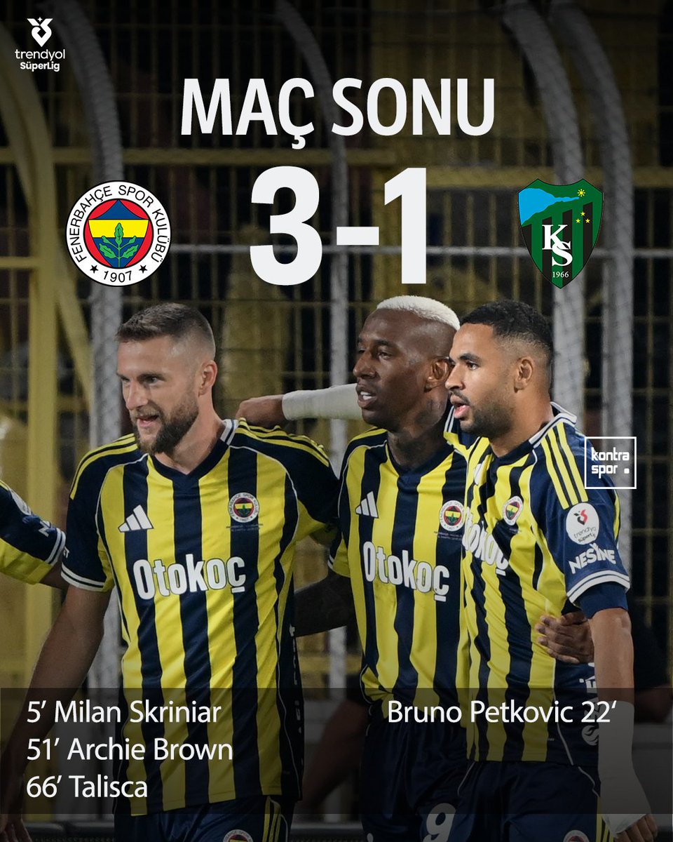 💥 Fenerbahçe, Kocaelispor'u 3-1 yenerek Süper Lig'deki ikinci maçında ilk galibiyetini aldı. #FBvKS   

⚽ 5' Milan Skriniar
⚽ 22' Bruno Petkovic
⚽ 51' Archie Brown
⚽ 66' Talisca