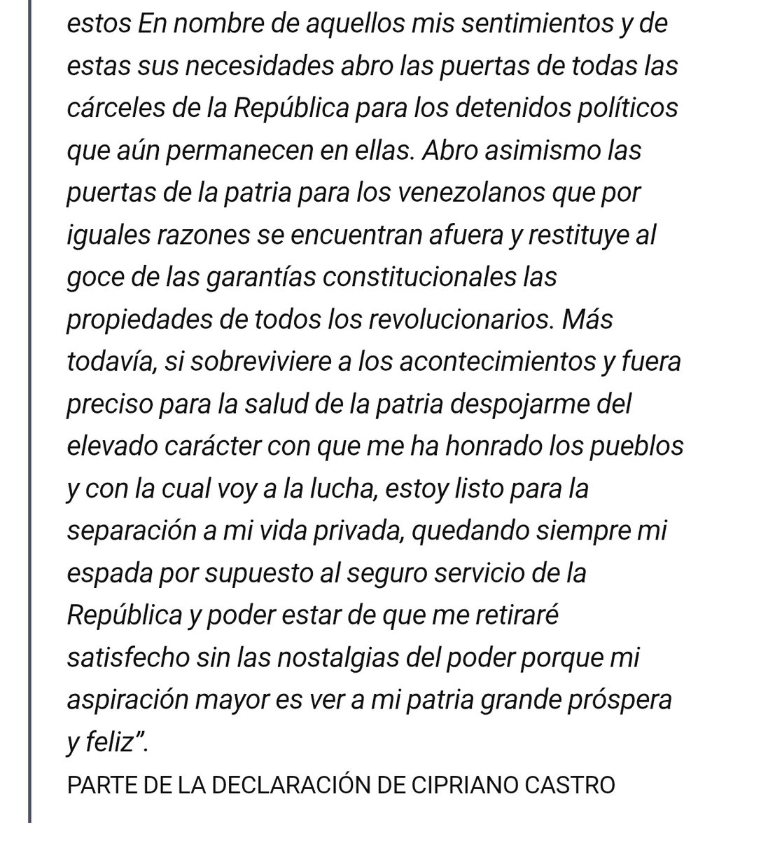 Rincon001A's tweet photo. Urgente Venezuela 🇻🇪 

Circula en redes un video de Nicolás  Maduro diciendo que va a liberar a todos los presos políticos y va a renunciar 

Pero eso no va a suceder 
Difundamos la verdad 🔁

En realidad Maduro esta leyendo la declaración de Cipriano Castro de 1902 cuando también era dictador de Venezuela 

Maduro va a caer pero lo que se muestra en redes está sacado de contexto
Aquí colocamos en la parte derecha parte del documento histórico para que se difunda la verdad