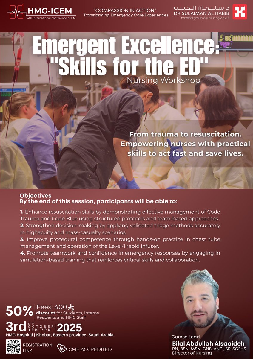 🚑 Nursing in Action: Mastering the ER 🩺
From critical trauma care to life-saving resuscitation—equipping nurses with the confidence and skills to lead in emergencies.

Join our interactive Nursing Workshop at the 4th HMG-ICEM Conference.

🔗 Register now &amp; secure your spot.