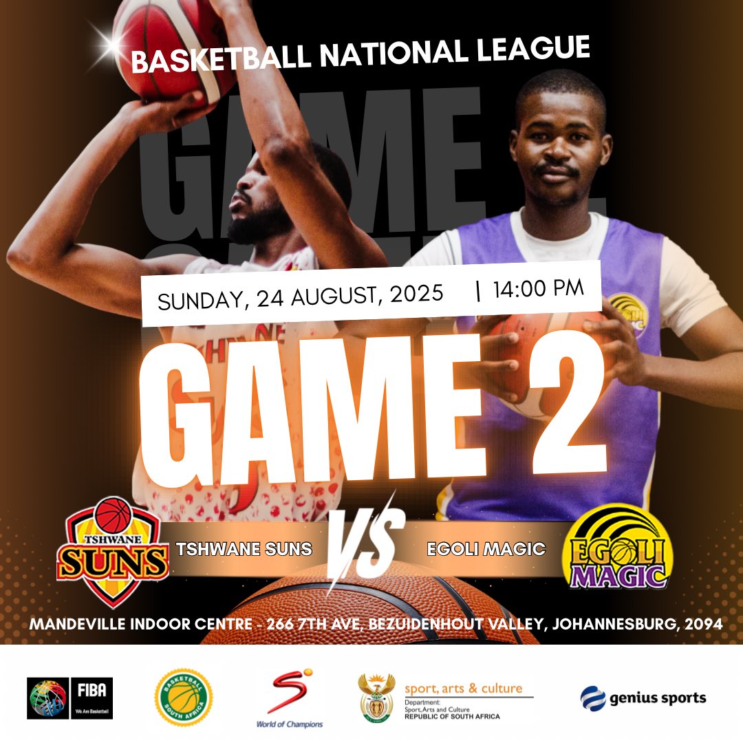 🔥🏀 Suns edged Magic 70–67 in Game 1. Now it’s all on the line — Game 2 decides the 2025 Men’s Champs! Egoli must win by 4+, Suns just need to hold their lead.

📅 Sun, 24 Aug | 14:00 | Mandeville
🎟️ Tickets: tinyurl.com/2pbttwaw
⭐ Last All Star votes!

#BNL2025 #BNLFinals