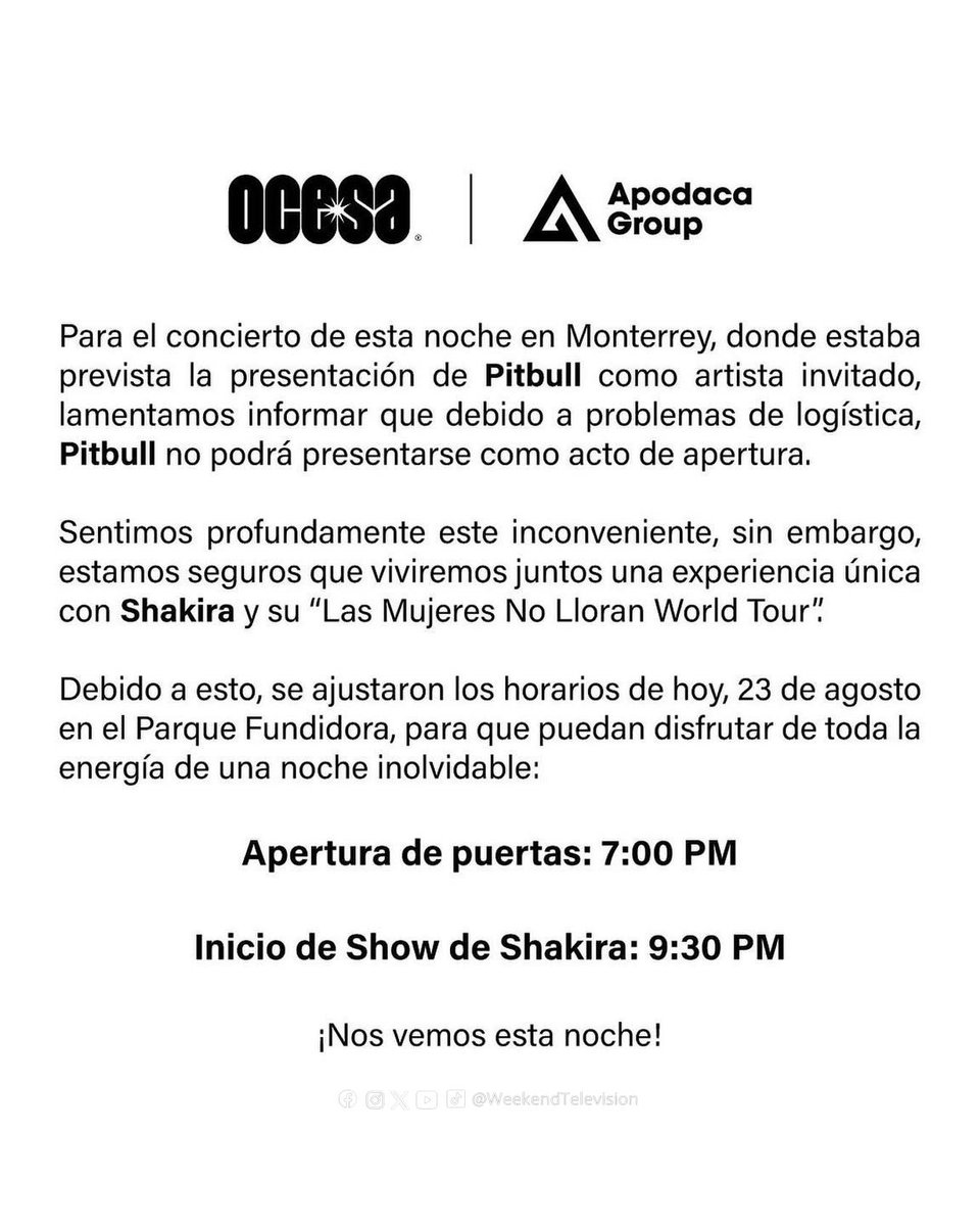 Débido a problemas de logística; #Pitbull no podrá presentarse esta noche en #Monterrey en el concierto de #Shakira