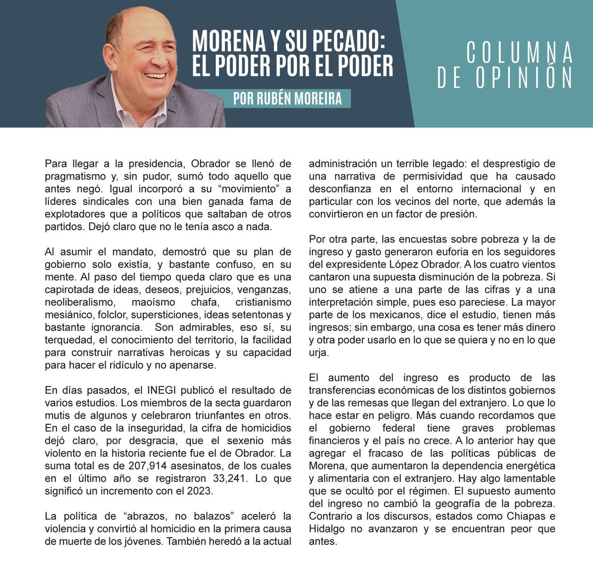 #Obrador se llenó de pragmatismo… Al asumir el mandato, demostró que su plan de #Gobierno solo existía, y bastante confuso, en su mente. Al paso del tiempo queda claro que es una capirotada de ideas, deseos, prejuicios, venganzas y #neoliberalismo .
Les comparto mi columna