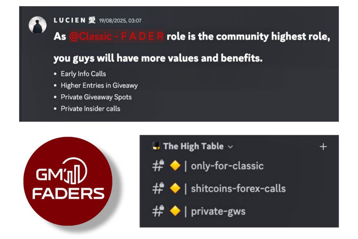 Gm FADERS had prepared not only for community but also for alpha leads and special ones.

We're gonna offer you the High Table where only Classic - F A D E R can see and join the table.

So if you wanna become part of us? 
We'll be waiting for you in server🤝