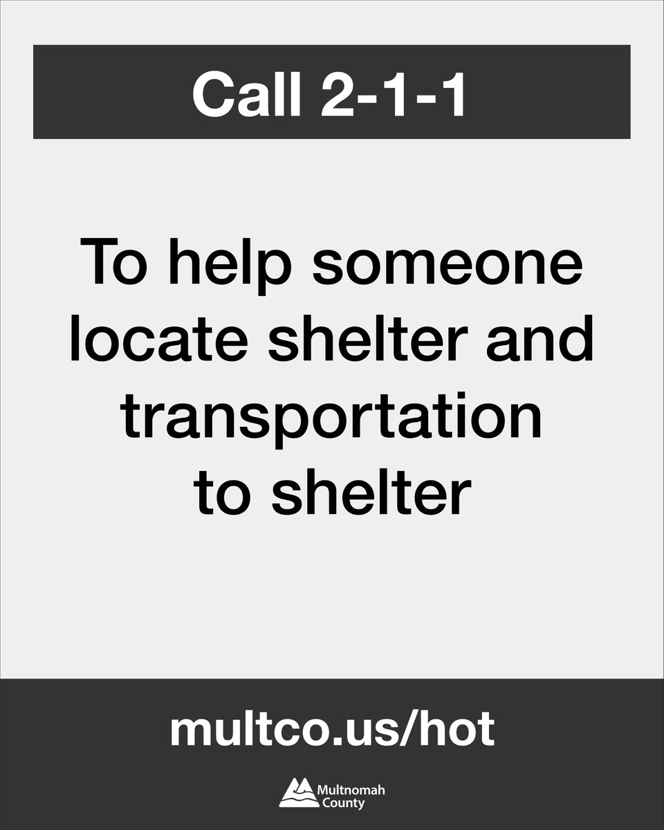 multco's tweet image. Help our neighbors out! Knowing what to do can save a life.

➡️ See someone struggling? Help them safely get to an A/C space.
➡️ Is someone unresponsive or confused? Stay calm &amp;amp; call 911.
➡️ Need non-emergency help? Call 211 for resources. In Portland, you can also dial 311.