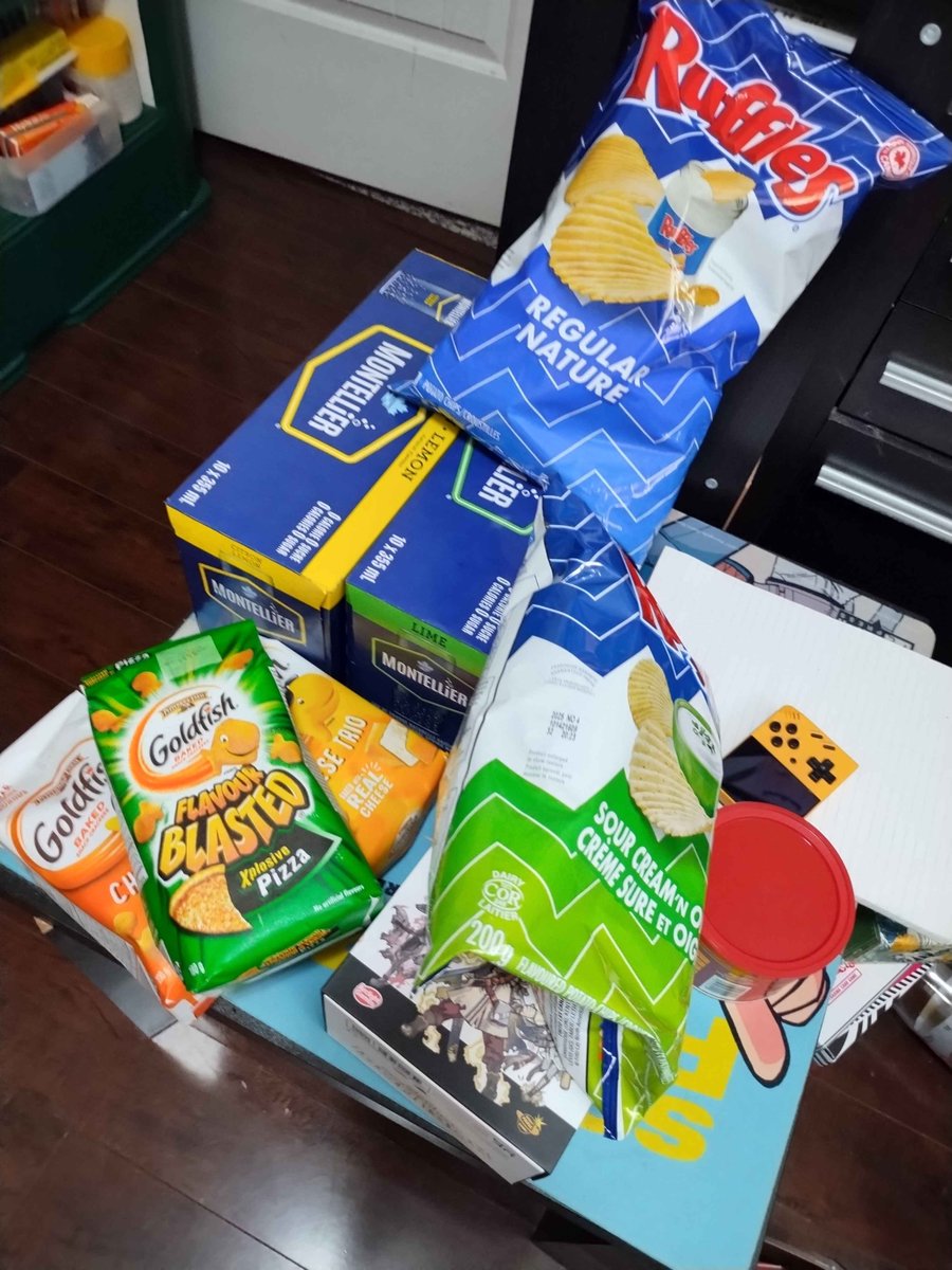 dad gave me a care package of goldfish +  sparkling water