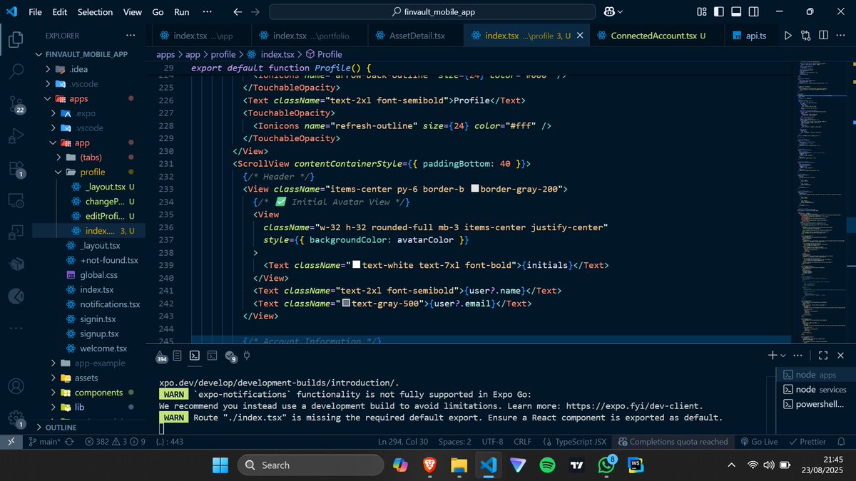 AdiKlinex_01's tweet photo. Day 26 of becoming #hire-able Software dev

Today, I implemented the profile screens that enable users to edit their profile &amp; log out.
Now I will move into developing sub screens of all the menu screens and their endpoints.
#devjourney #DoHardThings #reactnative #FinVault https://t.co/htdOzVUyE5