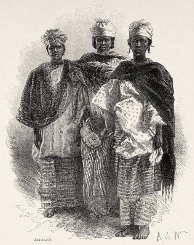 Des femmes sénégalaises vêtues de vêtements traditionnels, Sénégal 1868