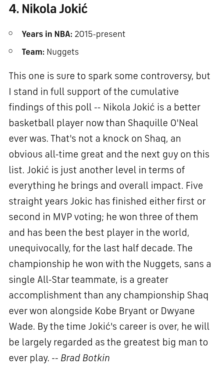 Bold, but I endorse. Top 3 are correct but in the incorrect order. Jokić passes Curry with one more ring, the others with two.