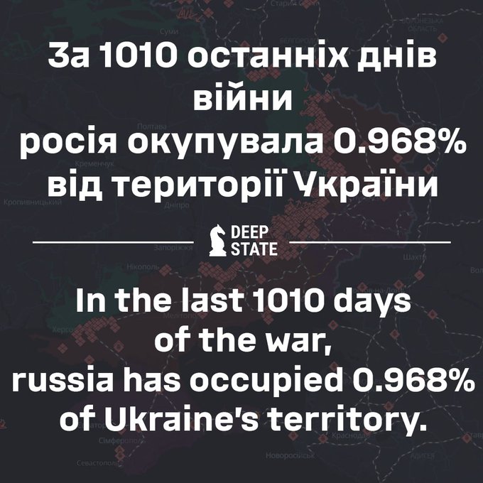 Less than 1% of Ukrainian territory has been occupied by russians in the last 1010 days

#DeepState #invasion #russia #Ukraine #war

uatribune.com/en/less-than-1…