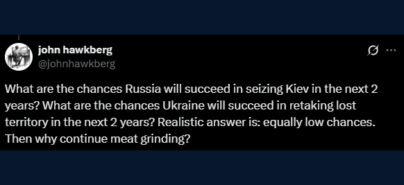 Here's another supposed 'peacemaker'... 
    ...saying that we're seeing a stalemate on the battlefield as russia moves from losing 1 million men...
      ...to losing half a million MORE!!!!

His spelling of Kyiv says a lot. 👇🙄

So, let's answer this N0NSENSE... for the