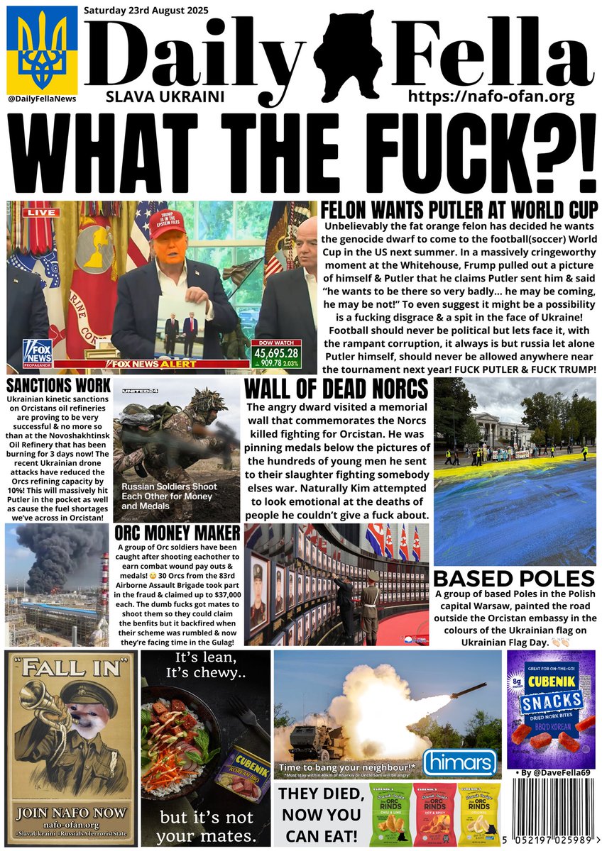 It’s Daily Fella time. Read about tRump wanting to use the World Cup to sportswash Putin, Ukrainian sanctions on russia are working &amp; Kim Jong Un visits the dead. 

#DailyFella #DailyFellaNews #SlavaUkraini #NAFO