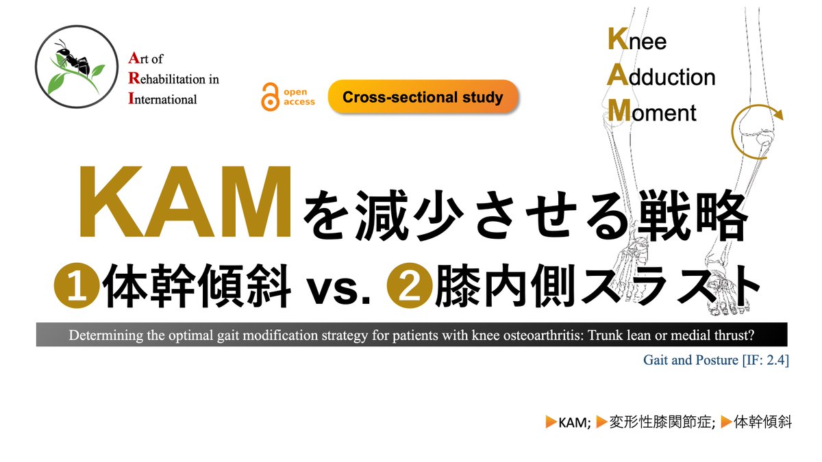 copellist's tweet image. 運動器最新エビデンス💡
"膝OAへの即効アプローチ"

■ 当該文献のnote文献抄読, 𝕏 post
🌱note：note.com/super_human/n/…
𝕏：x.com/copellist/stat…

是非, いろいろな形での文献抄読をご覧ください🙇
#変形性膝関節症 #膝OA #KAM
#歩行 #歩行修正 #歩行修正戦略