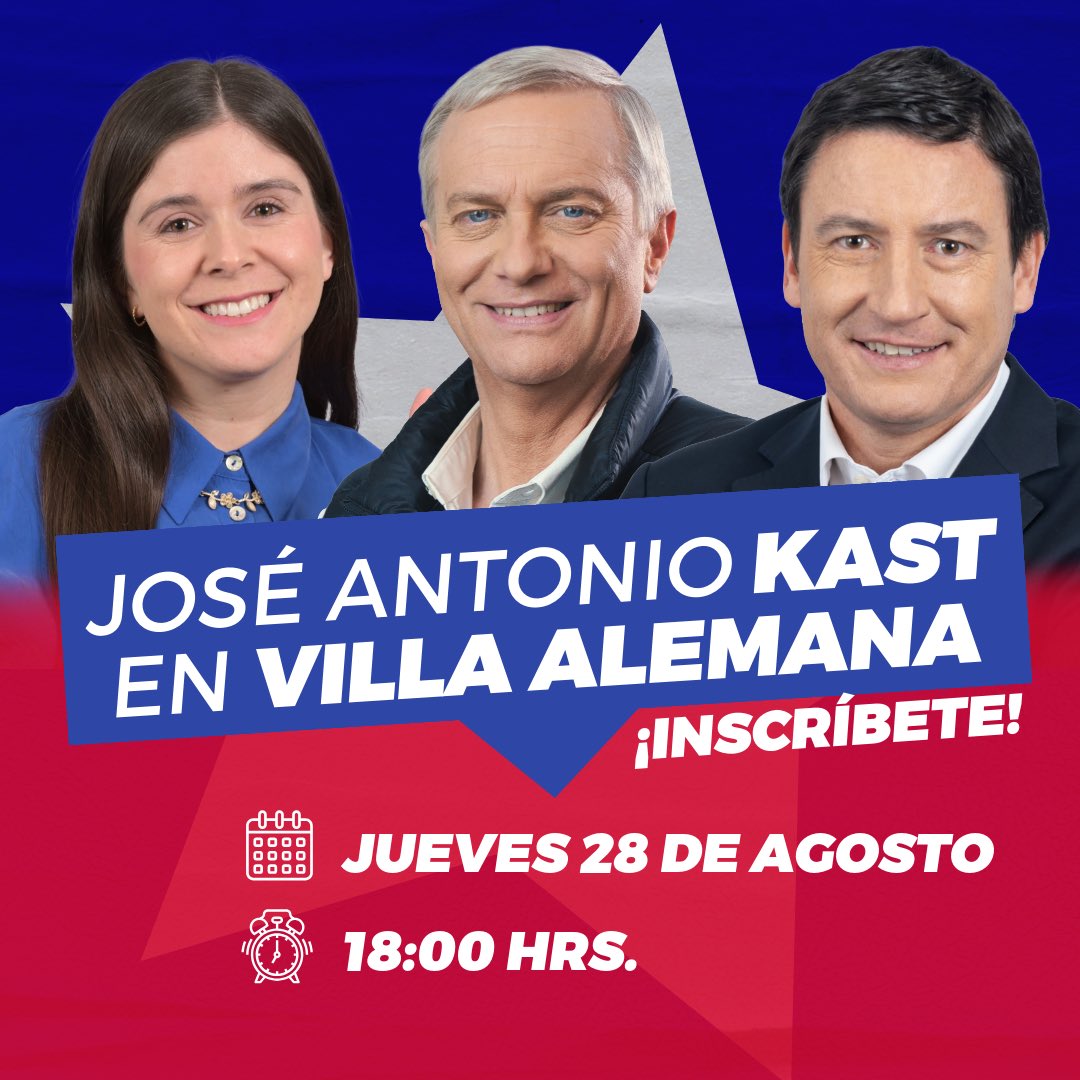 José Antonio Kast en Villa Alemana
Nos vemos este jueves 28 de agosto a las 18:00 h. Extiende la invitación a tus familiares y amigos ✌️

Inscríbete en: docs.google.com/forms/d/e/1FAI…

Un abrazo,
Diputada Chiara Barchiesi 🇨🇱