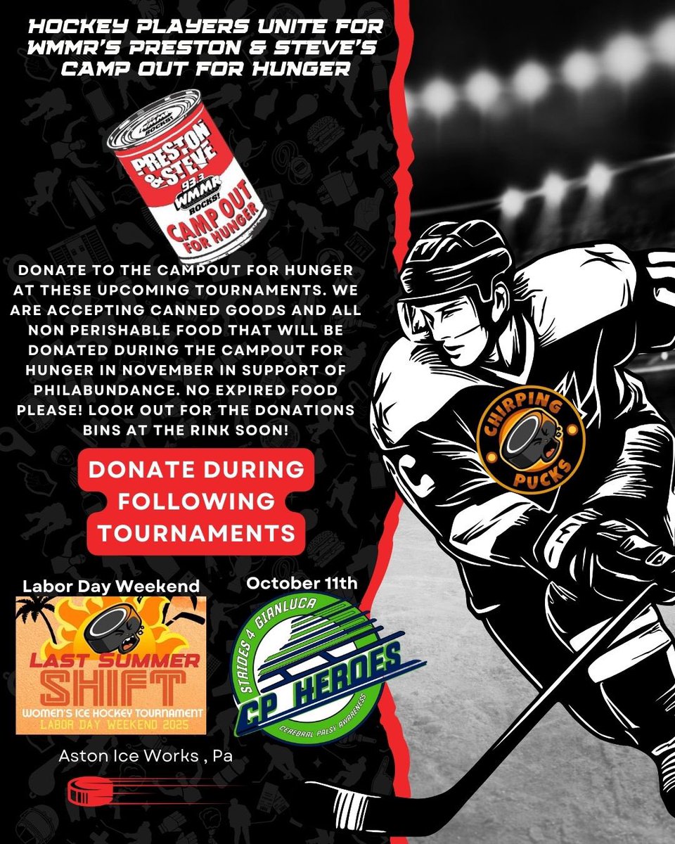 Chirpingpucks's tweet image. Chirping Pucks Media is teaming up with the Preston &amp;amp; Steve "YouTube crew" to help kick hunger. Come stop by and donate to the Campout for hunger by dropping off non perishable food and cans! #helpkickhunger @933WMMR @Philabundance @NickMcIlwain1 @CaseyBoyCasey @HockeyHStove