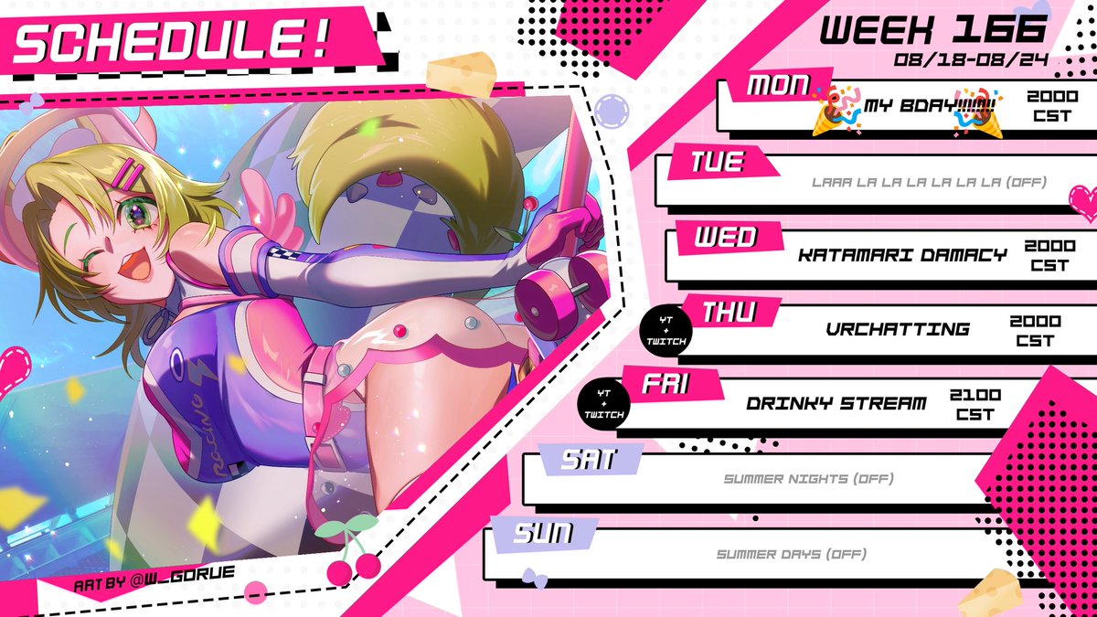 SCHEDULE DROP!🏁

A Saturday drop just to fulfill my obligation to post schedule? It’s more likely than you think… (shame shame shame shame shame)

#AshtonsTimetable
twitch.tv/AshtonMarten
#VTuber #VTuberEN #ENVtuber