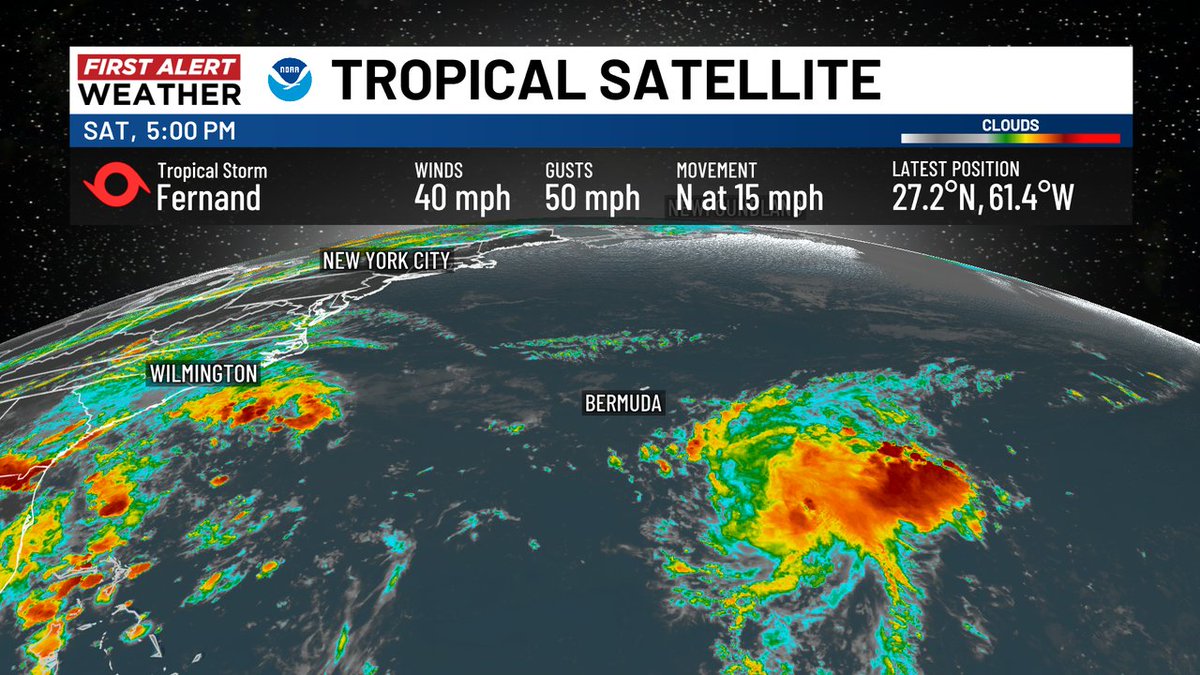 Tropical Storm #Fernand has formed southeast of Bermuda. It is the sixth named storm of 2025 Atlantic hurricane season and is not a threat to the U.S. coast. #WECTwx #ILMwx