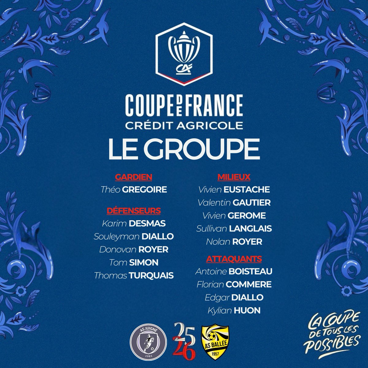 👥 𝐋𝐞 𝐠𝐫𝐨𝐮𝐩𝐞 𝐉𝐮𝐢𝐠𝐧𝐞́𝐞𝐧

Voici les 15 joueurs retenu pour ce 1er tour de <a href="/coupedefranceCA/">Coupe de France Crédit Agricole</a> 🆚 Alerte Sportive Balléenne

𝑢𝑛 𝐽𝑢𝑖𝑔𝑛𝑒́𝑒𝑛 𝑛𝑒 𝑙𝑎̂𝑐ℎ𝑒 𝑟𝑖𝑒𝑛