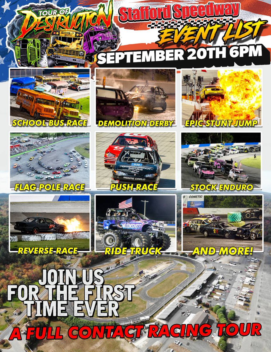 LESS THAN 500 TICKETS REMAIN‼️
🎟️ The best time to secure a spot to the action-packed Tour of Destruction is RIGHT NOW: tourofdestruction.com/staffordspeedw…
🔥 Wrecks, Stunts, Busses and More! Don’t miss a thing.