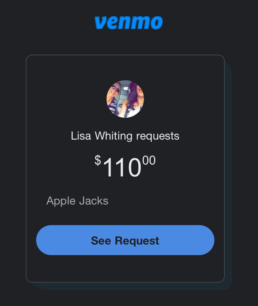 So I’ve contacted <a href="/Venmo/">Venmo</a> about they have someone email wrong in their system and I’m getting someone’s else emails but they never fixed it. This lady really requesting money from this dude for drugs and calling it Apple Jacks. 😵