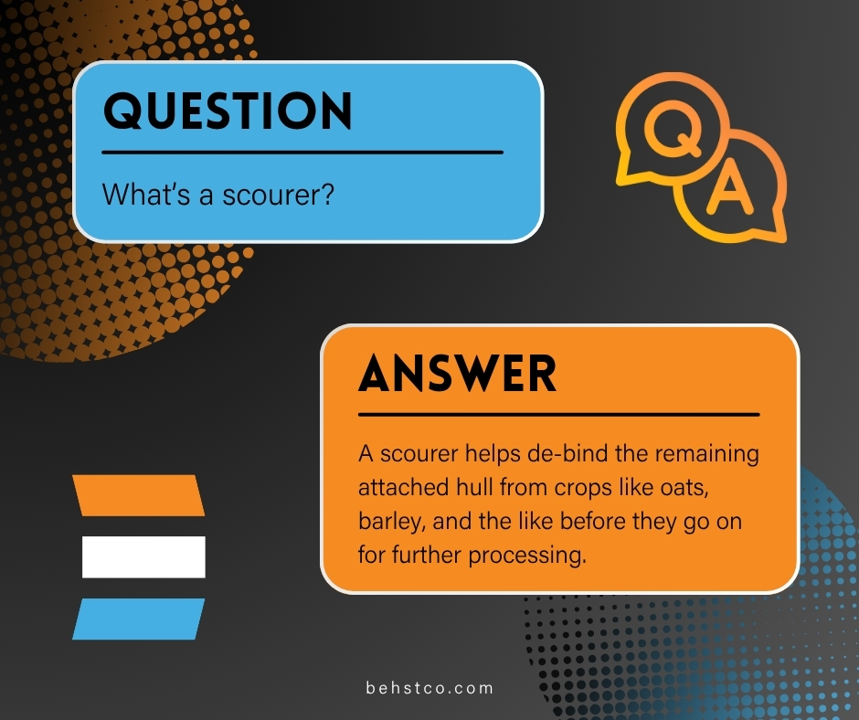 BehstCo's tweet image. Q: What's a scourer?
A: A scourer helps de-bind the remaining attached hull from crops like oats, barley, and the like, before they go on for further processing.

Do you have a question? DM or email media@behstco.com