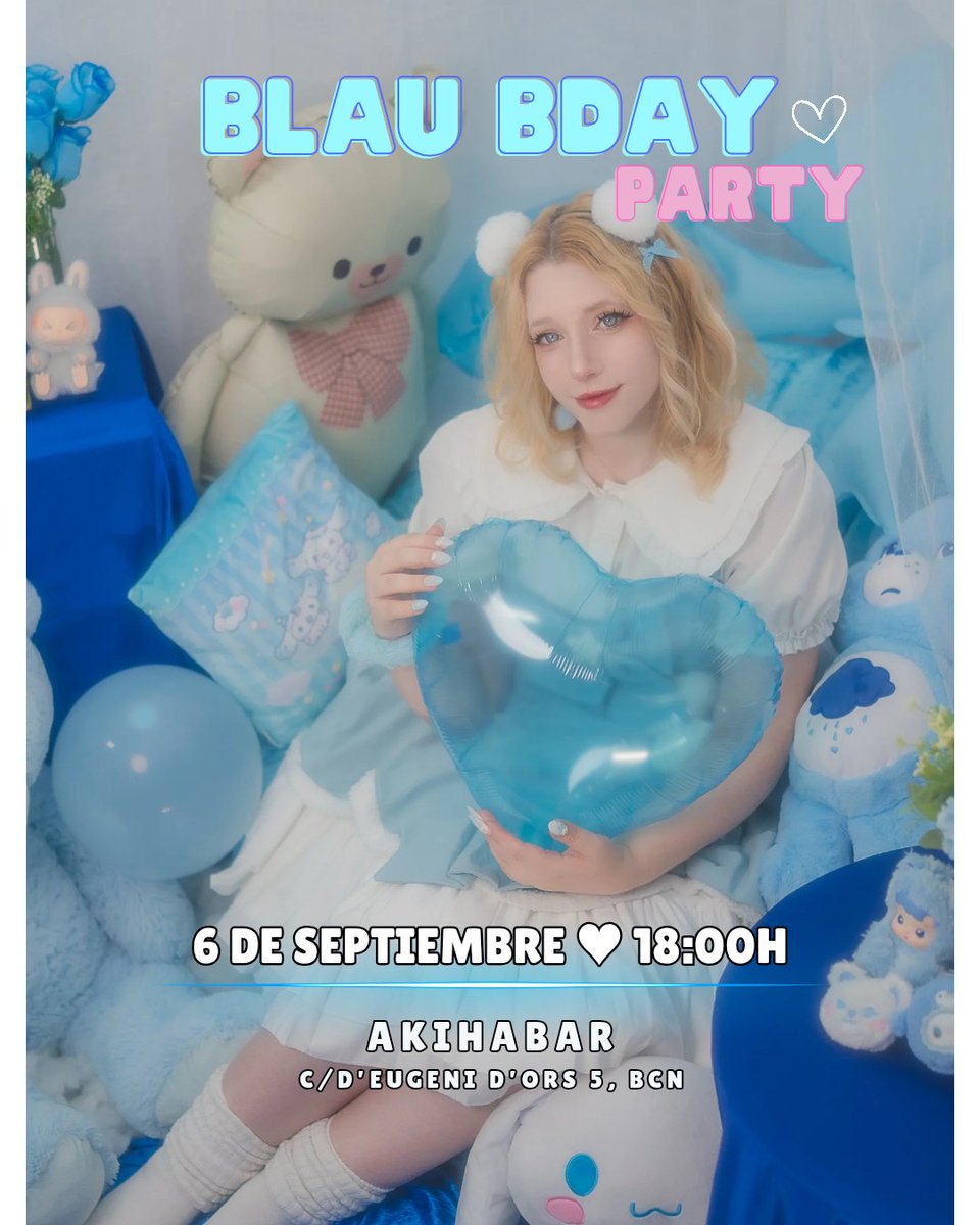 ¡Guardaos la fecha! 🗓️

6 de Septiembre 18:00h celebramos la 🩵🎉 BLAU BDAY PARTY 🎉 🩵 en Akihabar.

¿Qué habrá en la fiesta?
🎮 Juegos y manualidades 
🎧 Sesiones de DJs
🫶🏻 Meet &amp; Greet
🎁 Regalos y muchas sorpresas

¡No te lo pierdas! 🩵✨