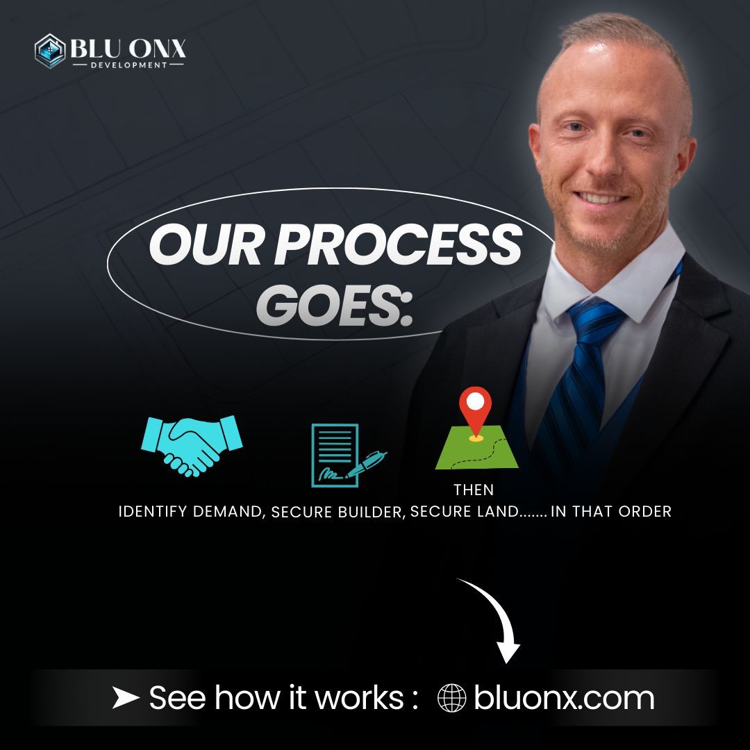 BluOnXLLC's tweet photo. At Blu Onx, our process is simple — and proven:

✅ Identify demand
✅ Secure the builder
✅ Then secure the land — not the other way around.

👉 See how our process works at https://t.co/frXKf0INpk

#LandDevelopment #RealEstateInvesting #BuilderBacked #DevelopmentProcess https://t.co/szl7OqSfYt