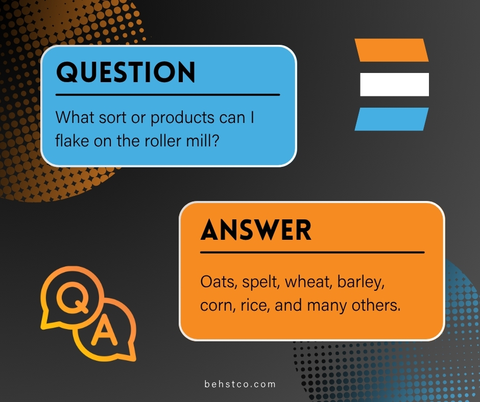BehstCo's tweet image. Q: What sort of products can I flake on the roller mill?
A: Oats, Spelt, Wheat, Barley, Corn, Rice and many other options!

Do you have a question? DM or email media@behstco.com