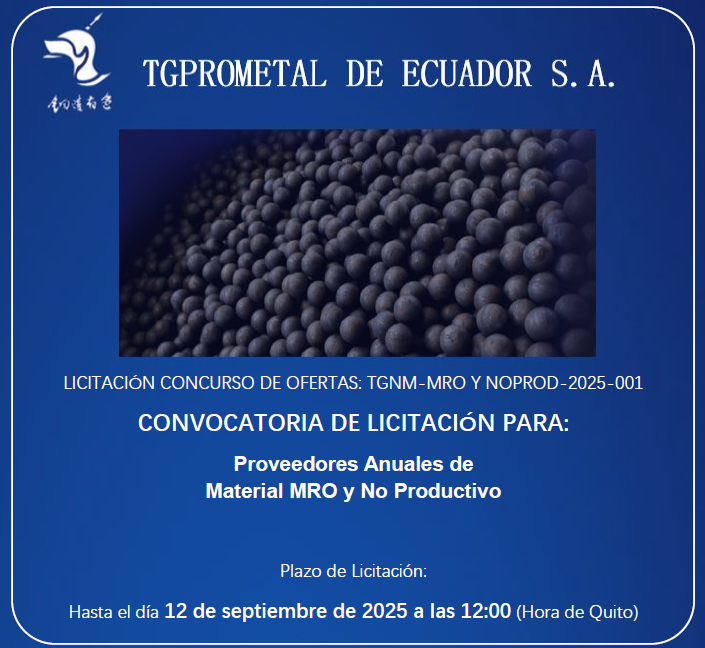 TGPROMETALSA's tweet photo. MATERIAL RESISTENTE AL DESGASTE TGPROMETAL DE ECUADOR S.A. (TGPROMETAL) anuncia la convocatoria de subasta para Proveedores Anuales de
Material MRO y No Productivo.  Más detalles en el siguiente: https://t.co/ipEQ6g2s1W https://t.co/3vffaB6idL