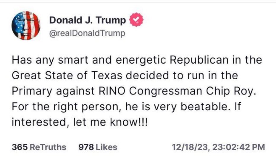 <a href="/BasedMikeLee/">Mike Lee</a> <a href="/tedcruz/">Ted Cruz</a> <a href="/chiproytx/">Chip Roy</a> Rethink your choice.  Chip is a RINO loser.