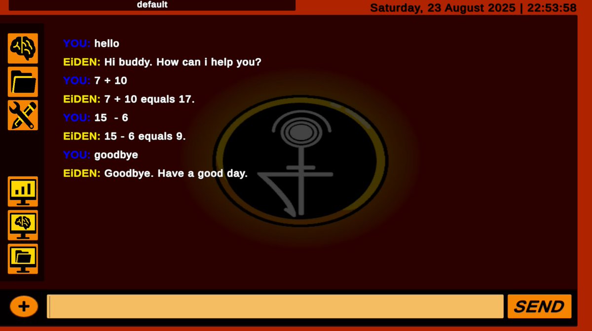 🧠📐 EiDENs learning math!
From greetings to calculations, his concept-based thought system now helps handles basic arithmetic all by himself.

This is more than just scripting, it’s: thought → expression → output.
Each answer is built, not fetched.
#AiDev #ConceptAI #IndieAI