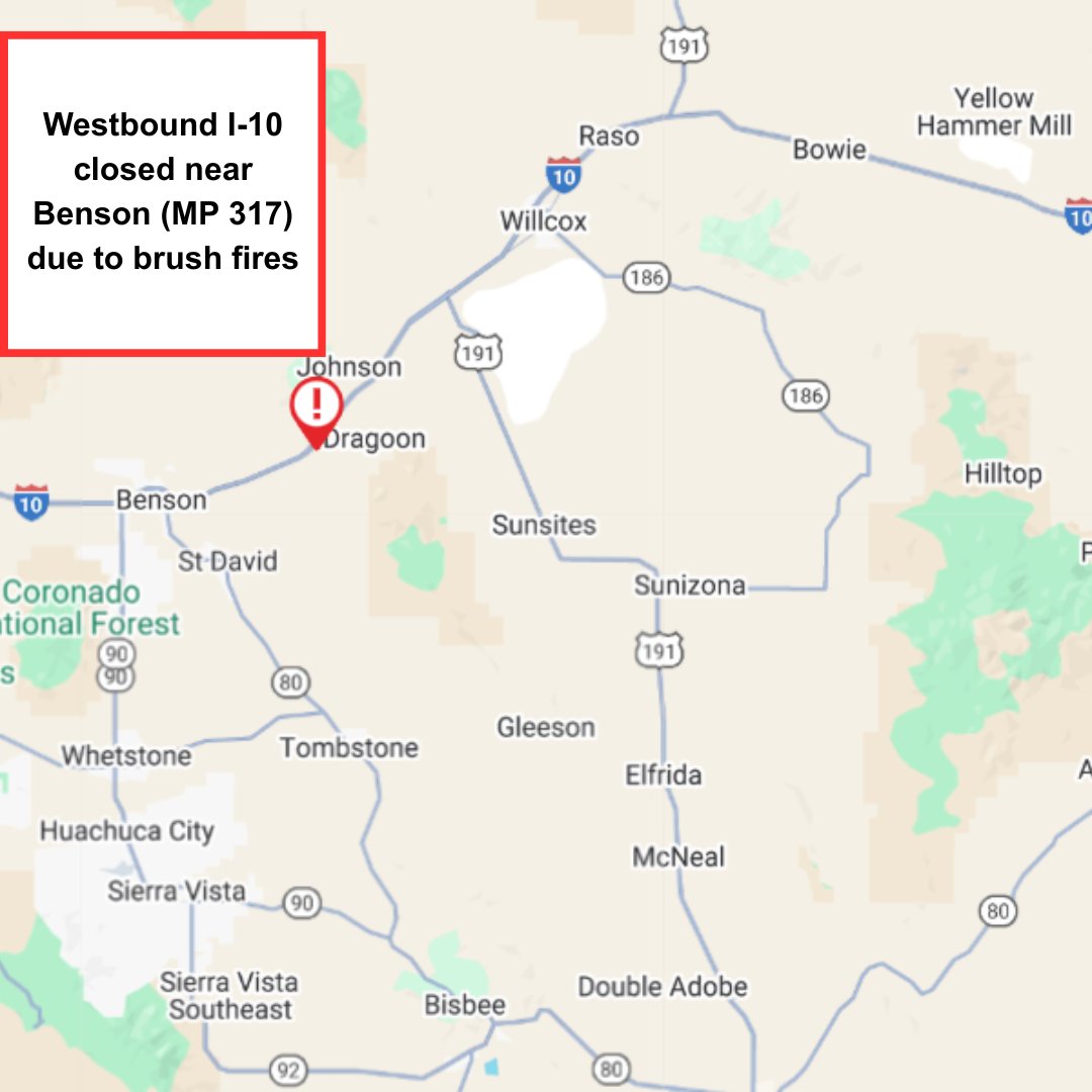 ArizonaDOT's tweet photo. UPDATE: The WB side of I-10 is closed at milepost 317 due to the brush fires. There's no estimated reopening time. https://t.co/ru1ErBuBAa