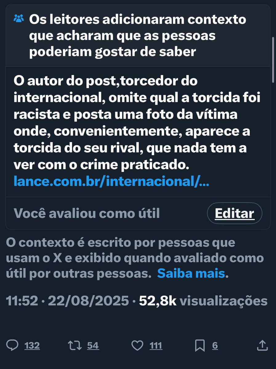 𝗕 𝗘 𝗥 𝗡 𝗔 ¹ ⁹ ⁰ ³ (@bernapoa2) on Twitter photo Não gosto de Grenalizar racismo, mas foi muito bem vinda a checada que o <a href="/ObRacialFutebol/">Observatório Racismo</a> levou após essa postagem tendenciosa.
Um perfil que deveria ser necessário, mas sem credibilidade ou preocupação genuína com a causa. Não gosto de Grenalizar racismo, mas foi muito bem vinda a checada que o <a href="/ObRacialFutebol/">Observatório Racismo</a> levou após essa postagem tendenciosa.
Um perfil que deveria ser necessário, mas sem credibilidade ou preocupação genuína com a causa.