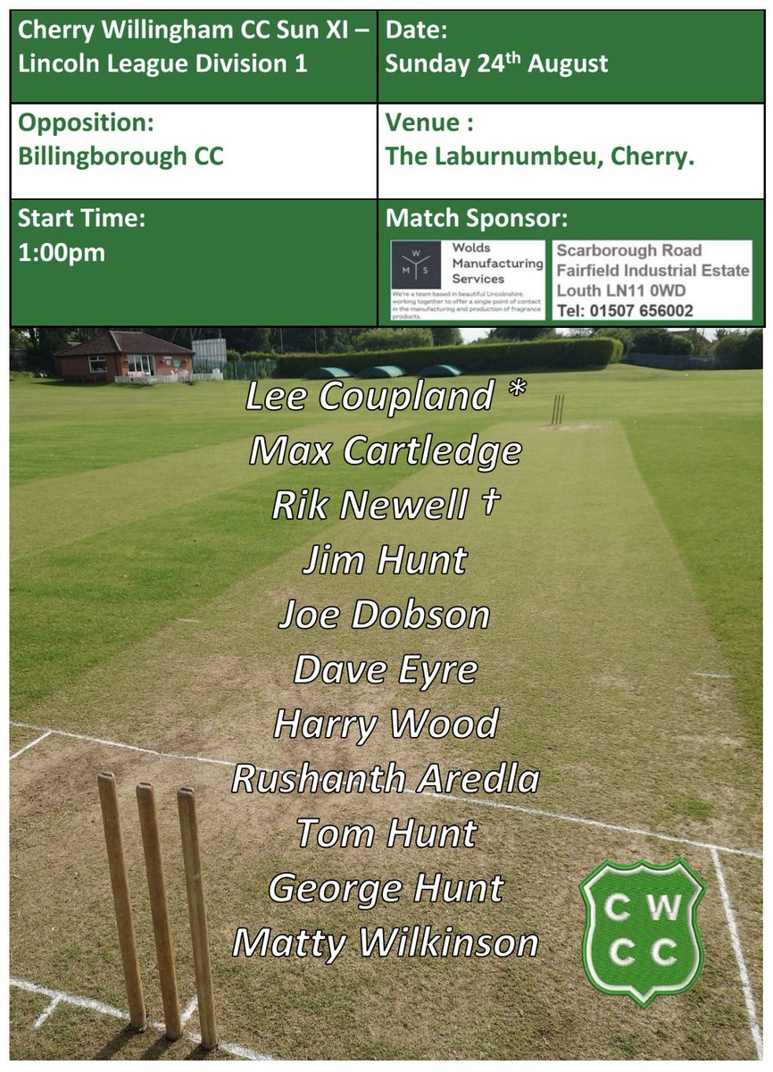 Cherry Willingham CC (@cherrywillcc) on Twitter photo Here's the team news for tomorrow's <a href="/SundayLeague13/">Lincoln & District Cricket Sunday League</a> Division 1 game between <a href="/CherryWillCC/">Cherry Willingham CC</a> & <a href="/BBOROCC/">BillingboroughCC</a> at the Laburnumbeu. <a href="/JamesHu64402097/">James Hunt</a>, George Hunt & Tom Hunt are all back as is Matty Wilkinson. <a href="/Rik_Newell90/">Richard Newell</a> takes the gloves. Good luck lads. Here's the team news for tomorrow's <a href="/SundayLeague13/">Lincoln & District Cricket Sunday League</a> Division 1 game between <a href="/CherryWillCC/">Cherry Willingham CC</a> & <a href="/BBOROCC/">BillingboroughCC</a> at the Laburnumbeu. <a href="/JamesHu64402097/">James Hunt</a>, George Hunt & Tom Hunt are all back as is Matty Wilkinson. <a href="/Rik_Newell90/">Richard Newell</a> takes the gloves. Good luck lads.