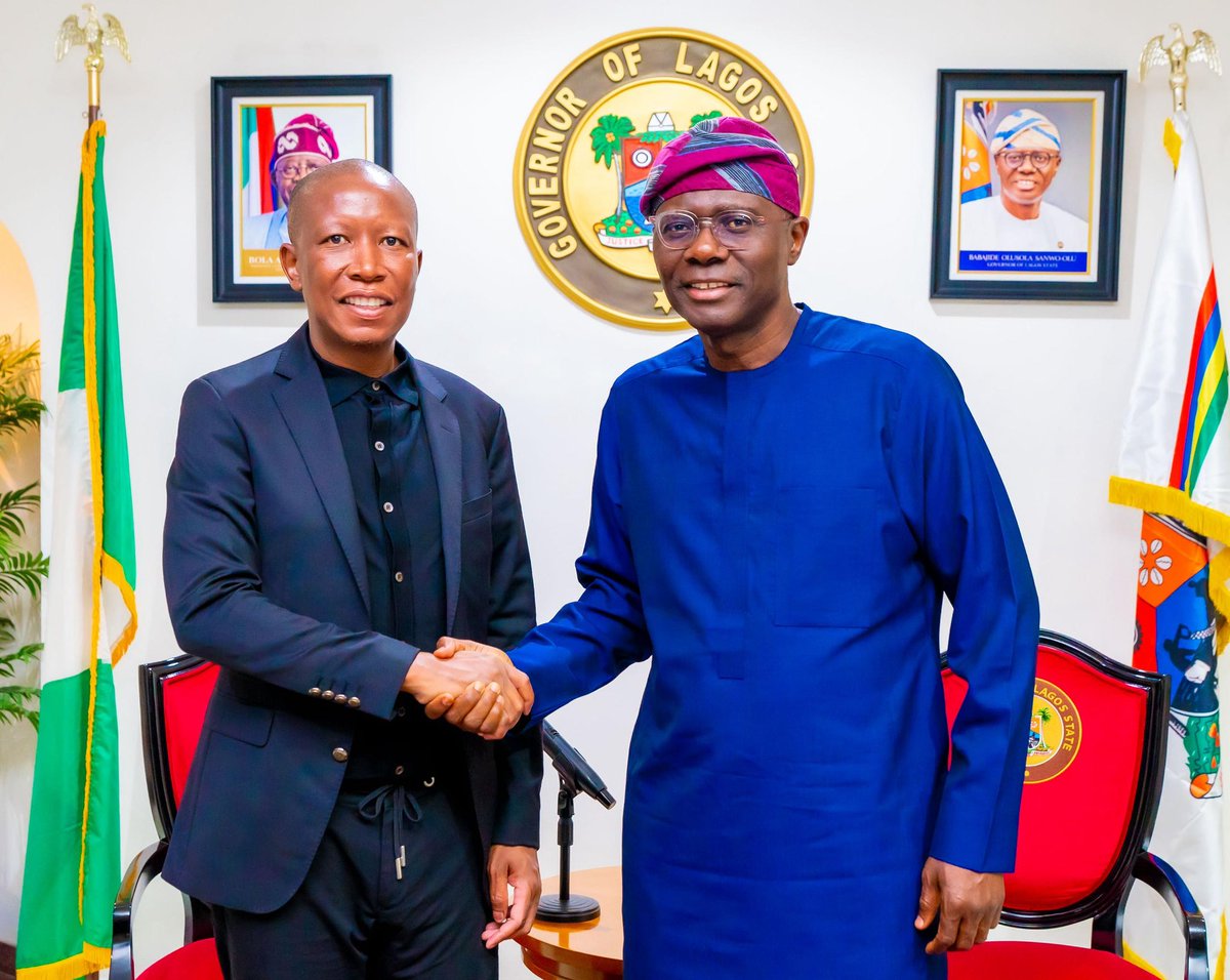 jidesanwoolu's tweet image. Today, I received Mr. Julius Malema, President of South Africa’s Economic Freedom Fighters, on a courtesy visit at Lagos House, Marina.