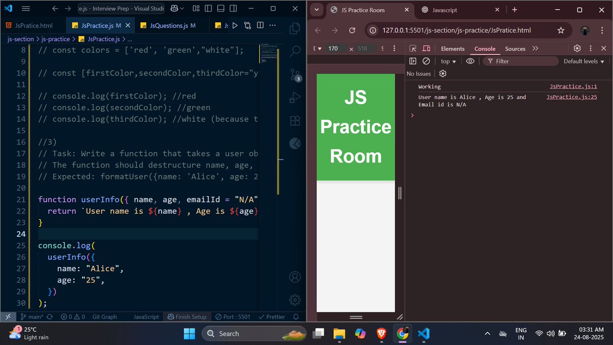 3:30 AM — solving JS questions 
Slowly turning into a night owl   
Background: Harkirat bhaiya live stream  
Mind: random thoughts, overthinking &amp; future tension  
Still… slowly but steadily moving ahead