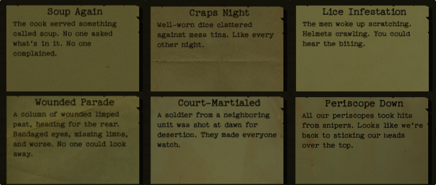 Trench warfare isn’t just blood and mud.
It’s also bad soup, lice, and watching men marched off to be shot.

9,600+ words across missions, incidents, and nightly events written by the amazing <a href="/ace_jace/">Jason Williamson</a>.

Acceptable Losses
tinyurl.com/acceptable-los…

#indiegame #gamedev